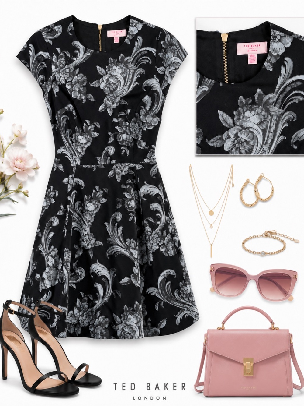 Ted Baker Black & Gray Floral Fit-and-Flare Mini Dress